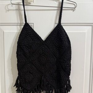 Shyanne Black Crochet Camisole with Fringe